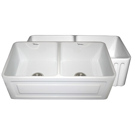 Whitehaus Rvrsbl Dbl Bowl Sink W/ A Raised Panel Front Apron On One Side, Wht WHFLRPL3318-WHITE